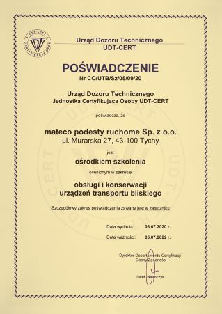 mateco certyfikowanym ośrodkiem szkolenia UDT